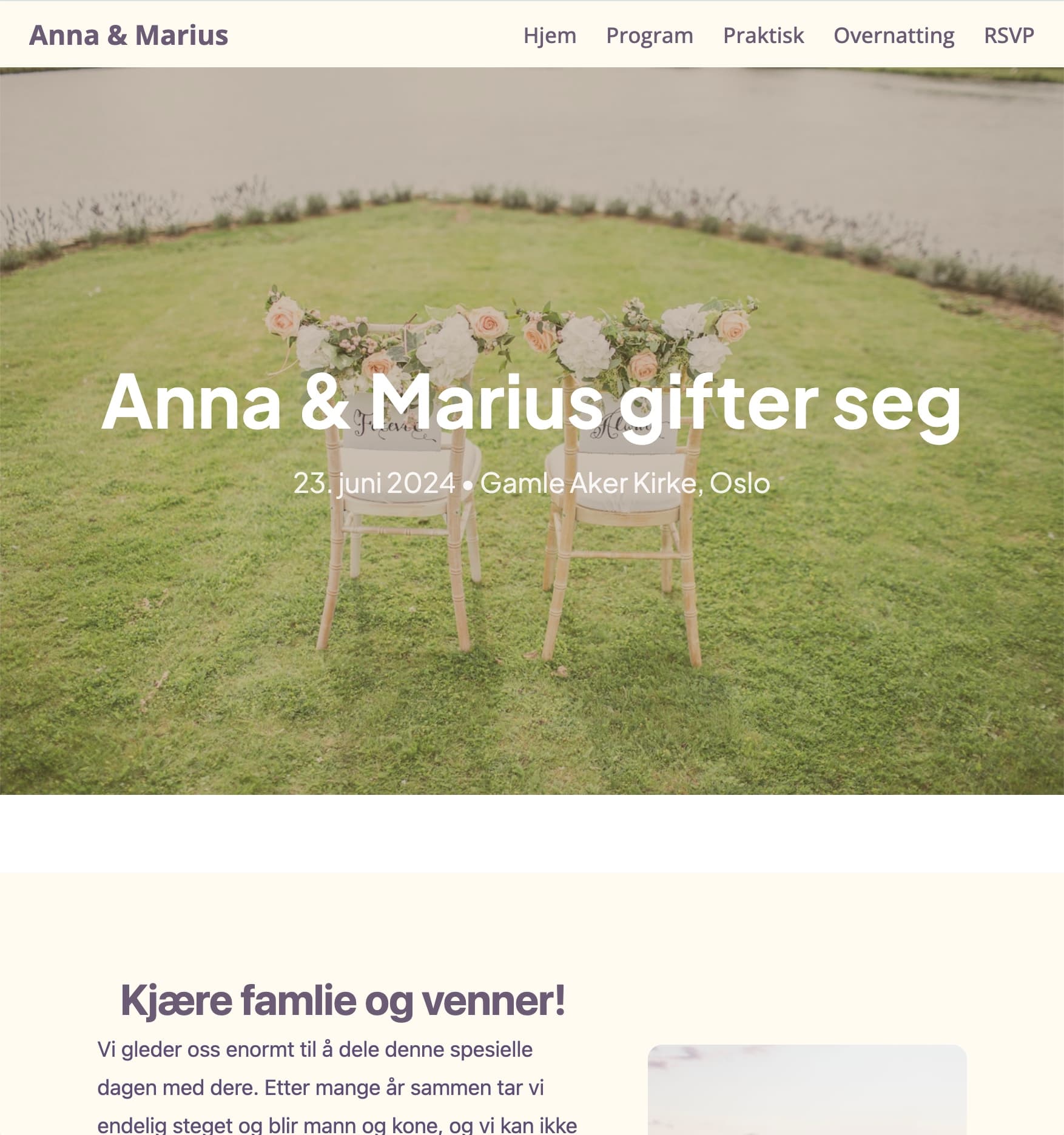 Eksempel på en enkel infoside for bryllup laget i Webfabrikk